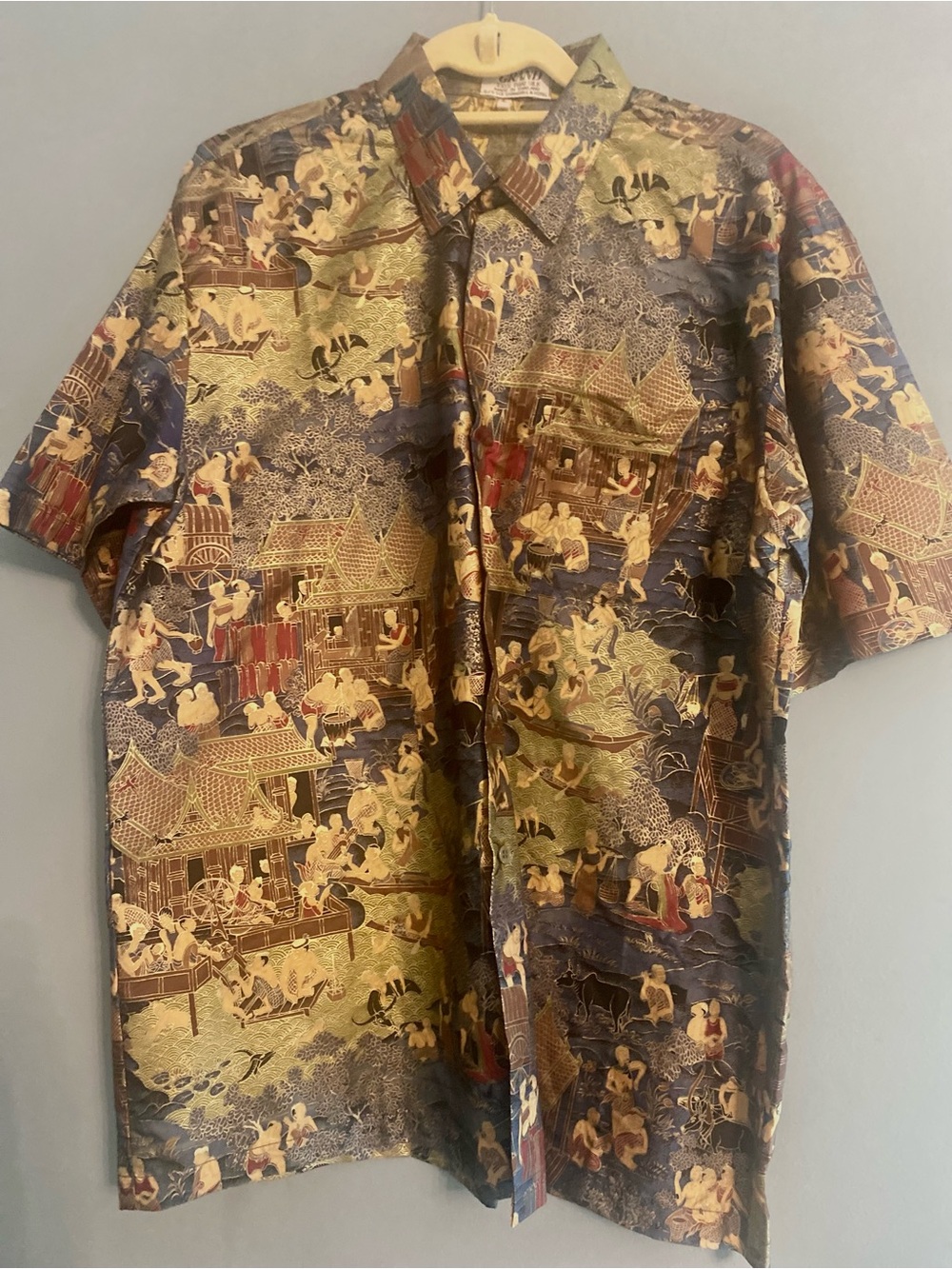 Vintage 90's GRAND Thai Silk Resort Toile Village Print Short Sleeve Shirt L